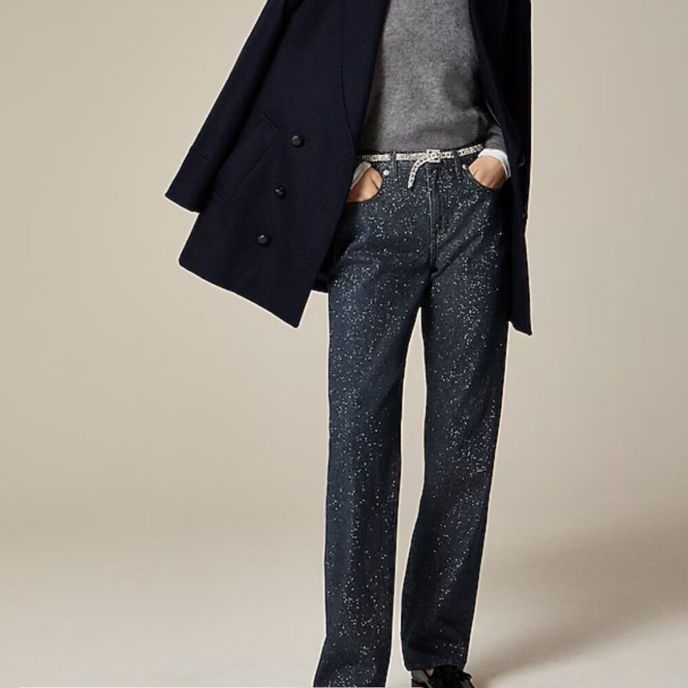 NWOT JCrew Mid-rise straight jean metallic threads Dark Night Blue